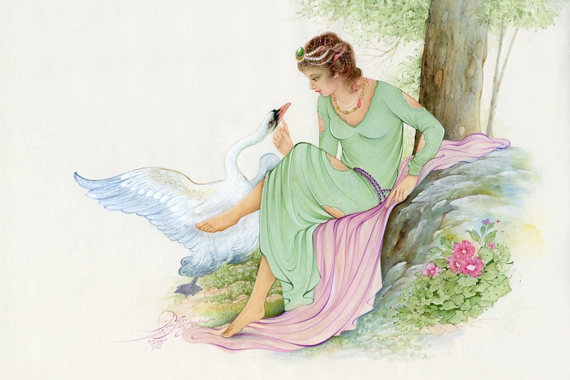 A Girl's Best Friend – Persian Miniature painting by Master Alijan Alijanpour depicting a young woman gently interacting with a graceful white swan beneath a tree.