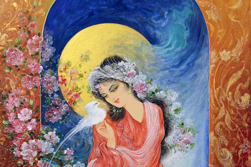 Morning Bird by Master Alijan Alijanpour – Persian miniature painting