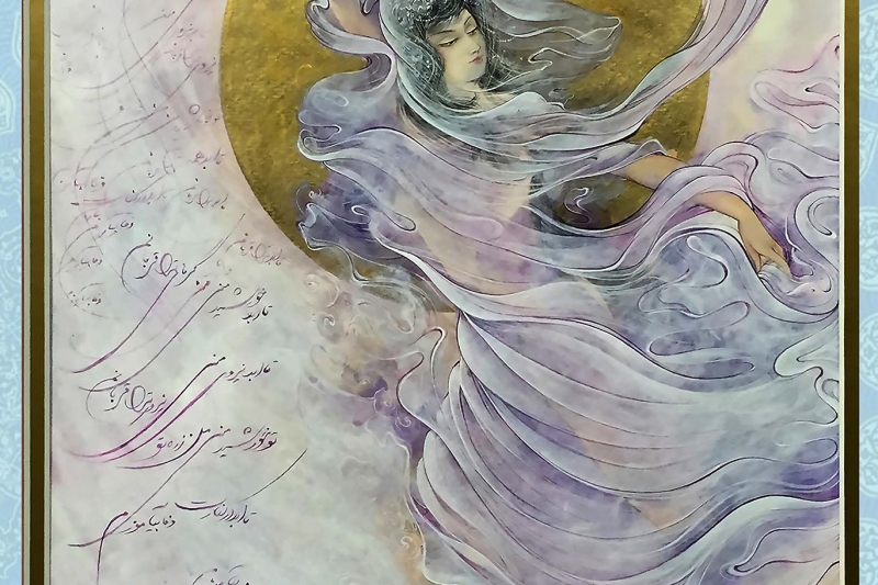 Wind's Whisper – Persian Miniature painting by Master Alijan Alijanpour portraying a mystical woman surrounded by flowing veils, illuminated by a golden halo and inspired by Persian poetry